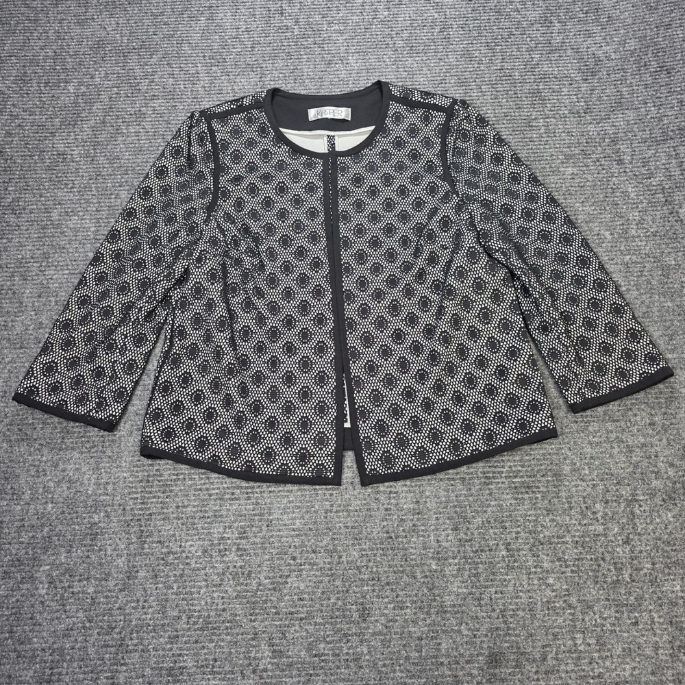 Kasper Honeycomb Open Front Blazer Womens Size 12P Black White Geometric Print